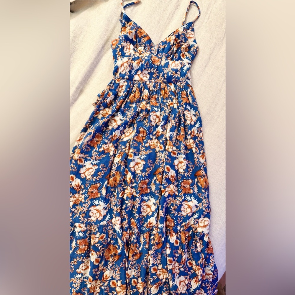Japna Midi Babydoll Tie Back Tiered Boho Hippie Dress in Blue/ Brown Floral